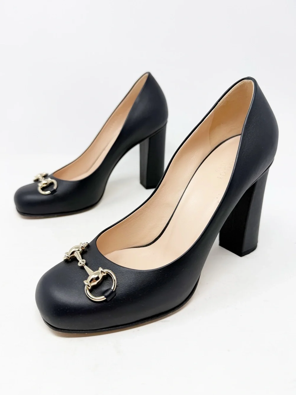 Gucci Horsebit Block Heel Black Leather Heels Womens Size EU 38